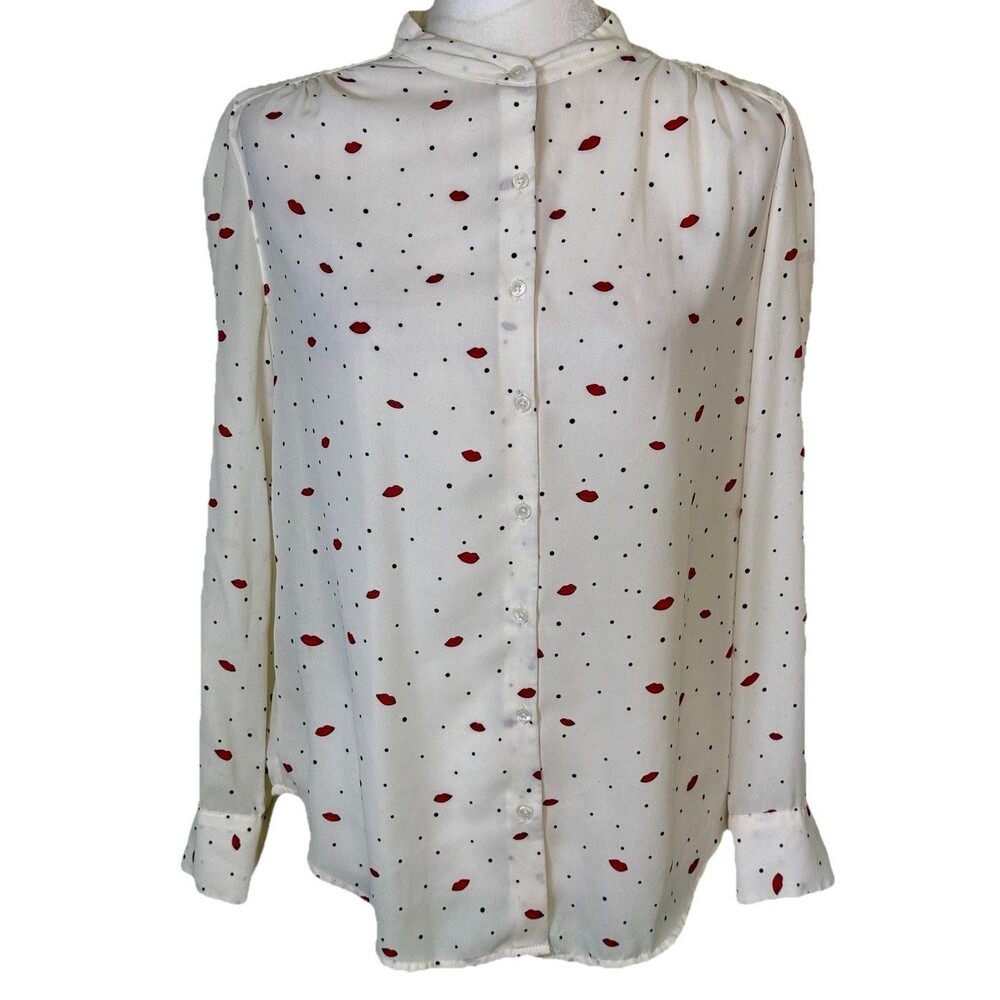 Faded Glory Lip Print Polka Dot Sheer Blouse Cute Valentines Office Career Sz Sm